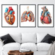 Load image into Gallery viewer, geometric anatomy art set consisting of two heart anatomy art prints and a lung anatomy set, they decorate a patients waiting room area