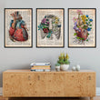 Load image into Gallery viewer, old dictionary style framed anatomy art print set of 3 design, including heart and rib cage anatomy, decorating a wall in a home