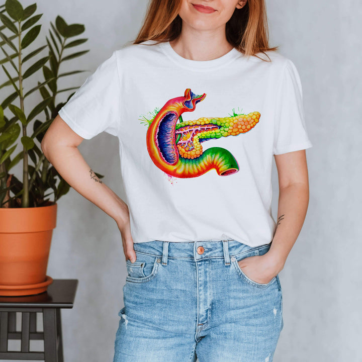 watercolor pancreas anatomy design on a t-shirt by codex anatomicus