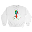Load image into Gallery viewer, white sweatshirt with a watercolor Bacteriophage design by codex anatomicus