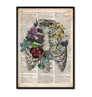floral rib cage anatomy poster in old dictionary style by codex anatomicus