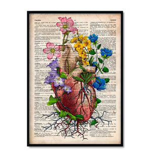 floral heart anatomy art print in old dictionary style by codex anatomicus