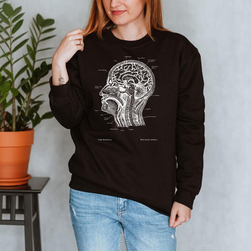 brain and head anatomy chalkboard sweatshirt for women by codex anatomicus