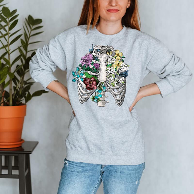 floral rib cage anatomy sweatshirt for women by codex anatomicus