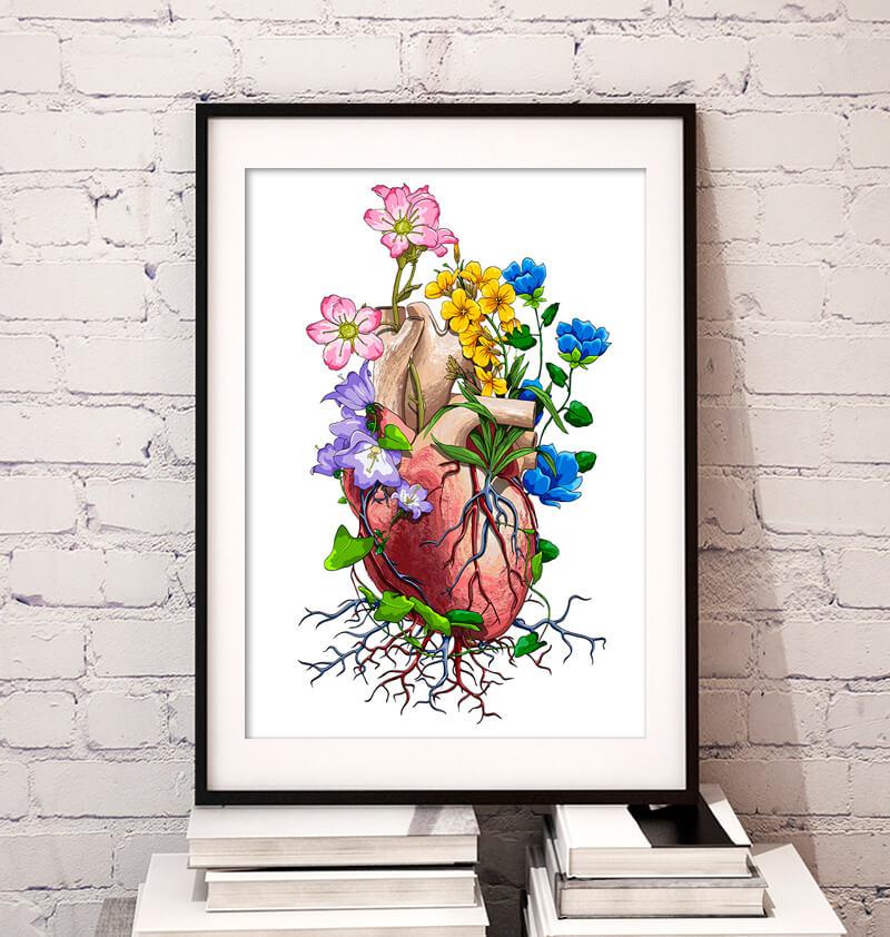 human heart art flowers