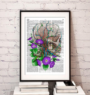 Skull with flowers dictionary art poster by codex anatomicus