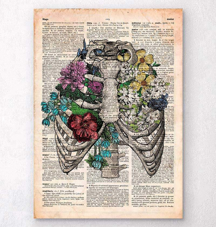 Rib cage with flowers - Old dictionary page