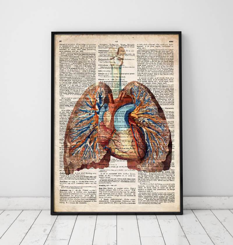 Geometric heart and lungs anatomy art poster on Old dictionary page