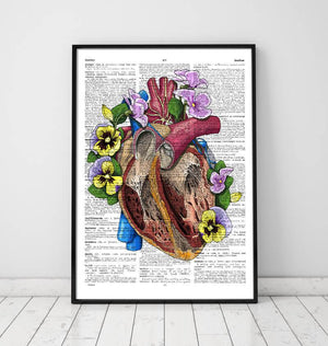 Heart with flowers art print on dictionary page