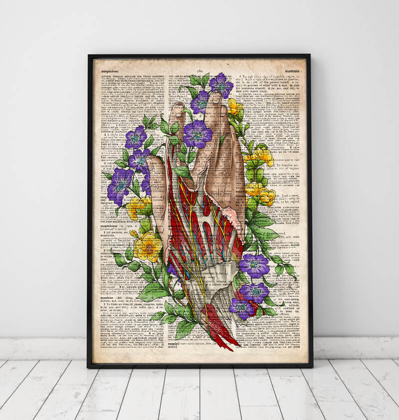 Hand anatomy art print on old dictionary page