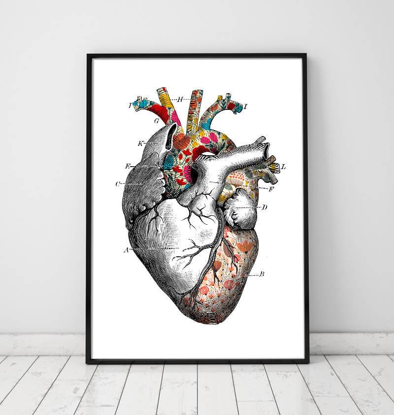 Floral pattern heart anatomy art poster