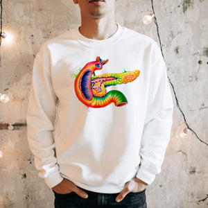 unisex white sweatshirt featuring a watercolor pancreas designed by codex anatomicus