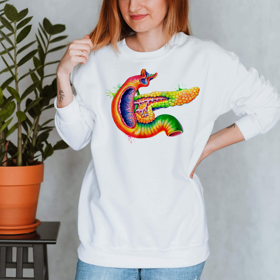 unisex sweatshirt featuring a watercolor pancreas designed by codex anatomicus