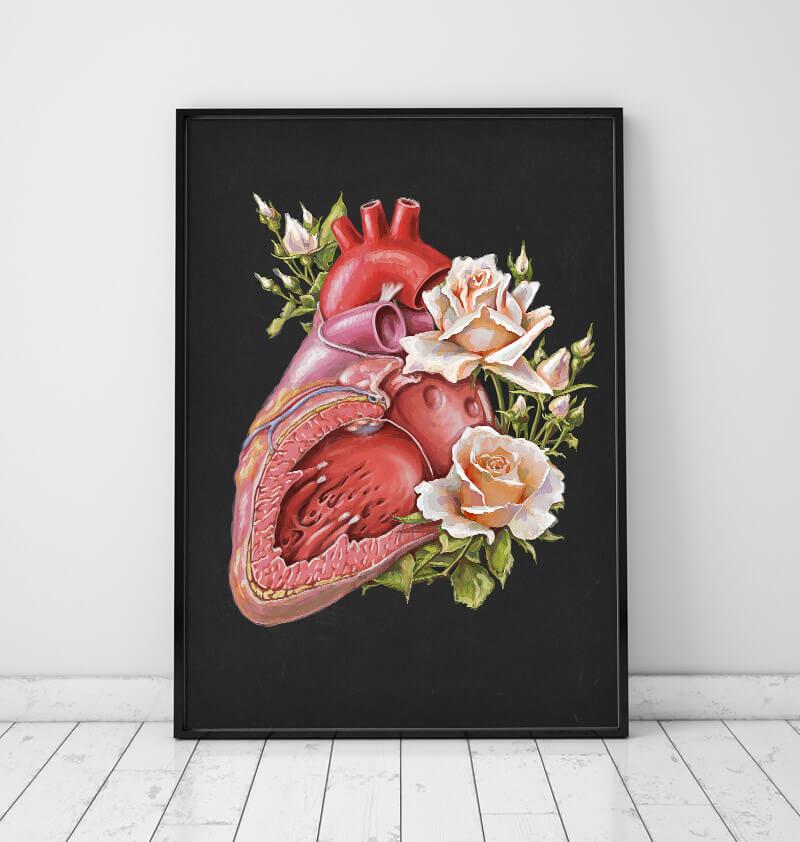 Floral heart anatomy art print in a frame