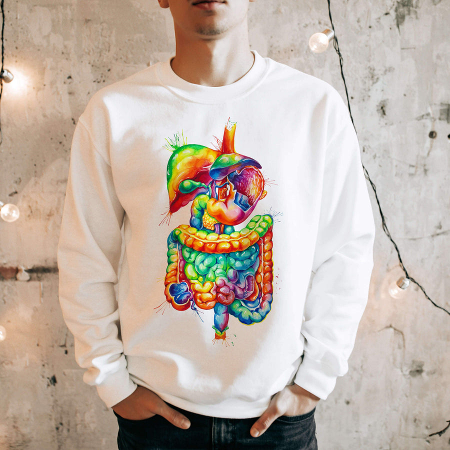 watercolor digestive system white sweatshirt for doctors by codex anatomicus
