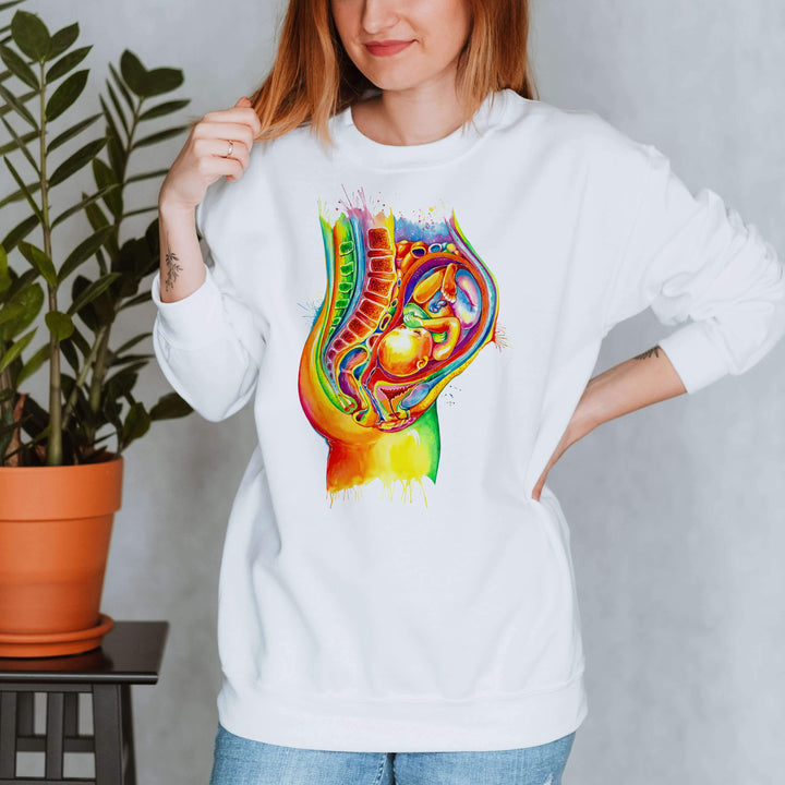 watercolor fetus anatomy sweatshirt for midwives by codex anatomicus