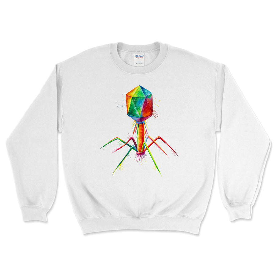 white sweatshirt with a watercolor Bacteriophage design by codex anatomicus