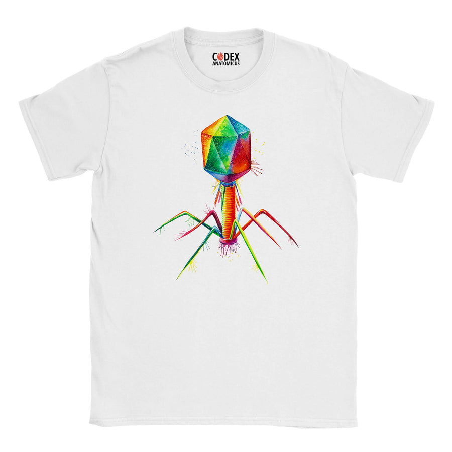 white Bacteriophage t-shirt by codex anatomicus