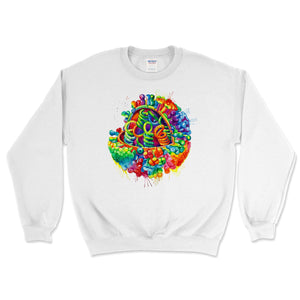 white sweatshirt with a watercolor virus design by codex anatomicus