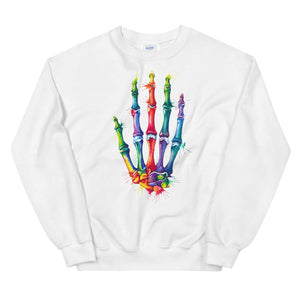 white pullover featuring a watercolor hand design by codex anatomicus