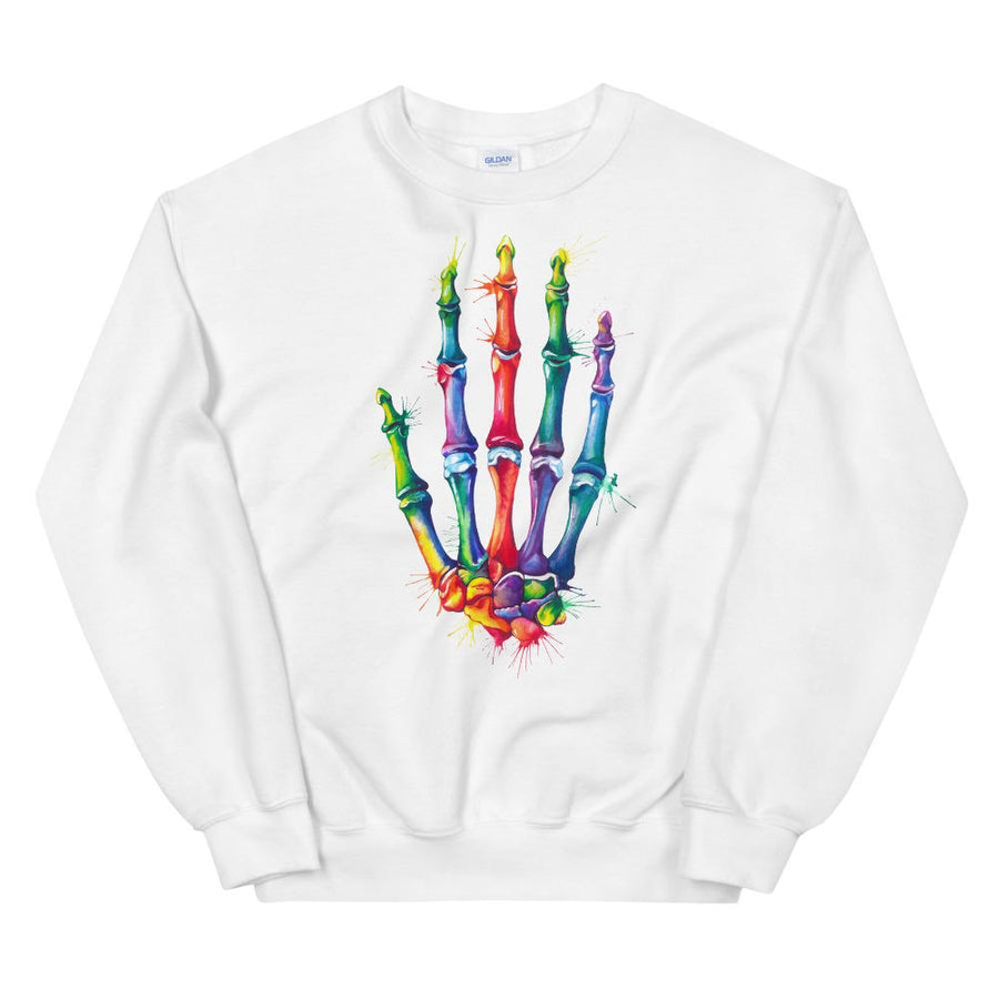 white pullover featuring a watercolor hand design by codex anatomicus