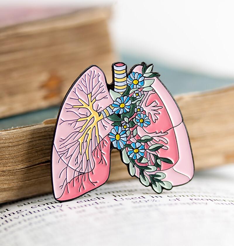 lungs anatomy enamel pin with flowers 